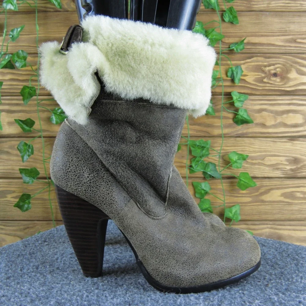 Womens Ankle Boots High Heel‎ Sheep Fur Cuff Taupe Brown Western Booties